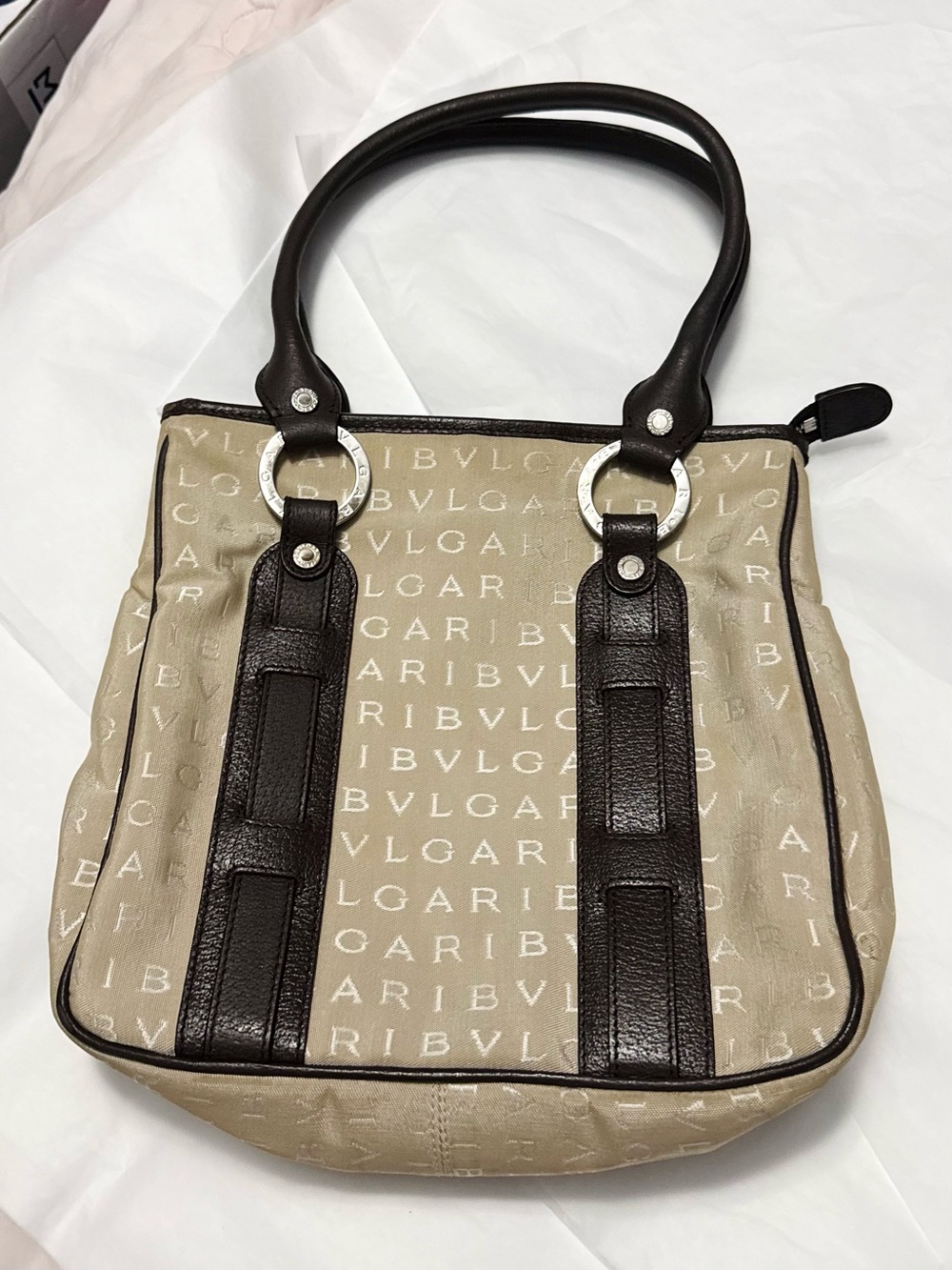 Bvlgari AUTHENTIC Vintage Logo Mania Tan & Brown Tote Shoulder Bag Bulgari - Picture 3 of 16